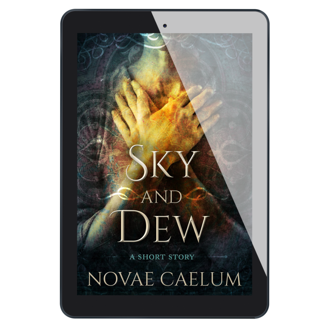 A tablet displaying the cover of the book titled "Sky and Dew: A Short Story" by Novae Caelum with white earphones plugged in. The screen shows playback controls and an image of a woman with hands crossed over her clavicle. 