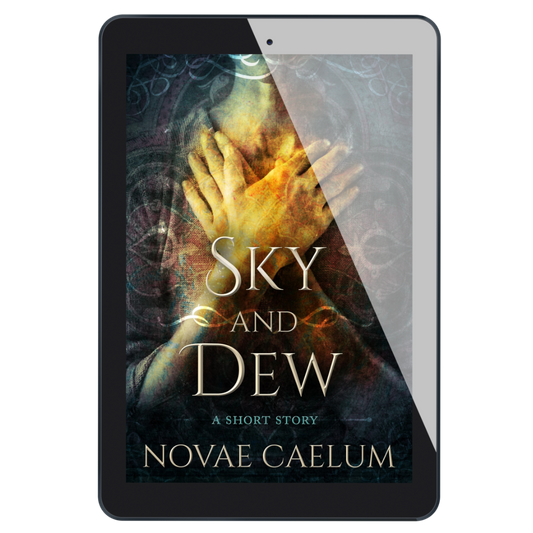 Tablet displaying e-book version of Novae Caelum's "Sky and Dew: A Short Story".