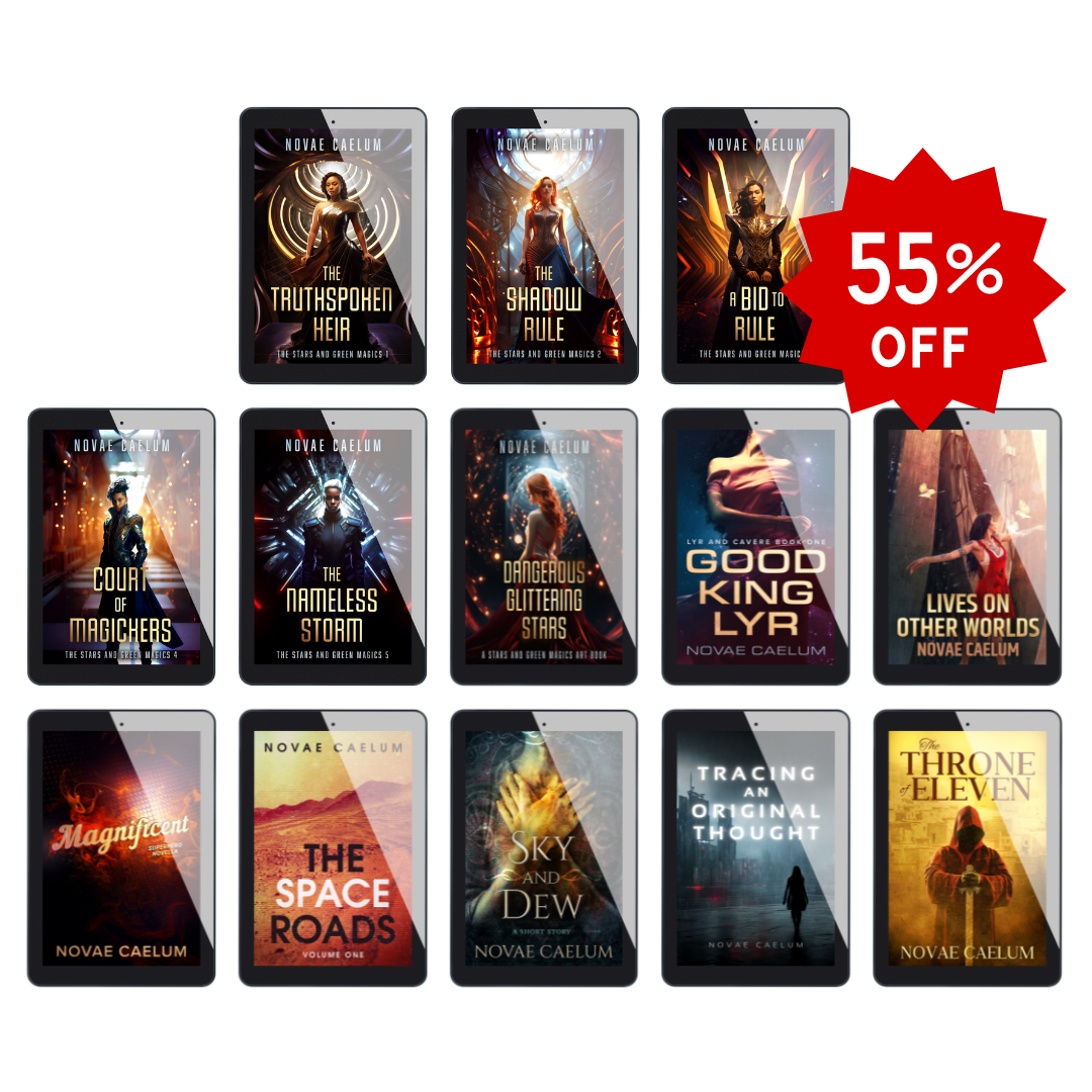 A bundle set of 13 ebooks by Novae Caelum advertised as "Every Ebook in the Store!" Red starburst banner advertises discounted price of 55% off retail price.