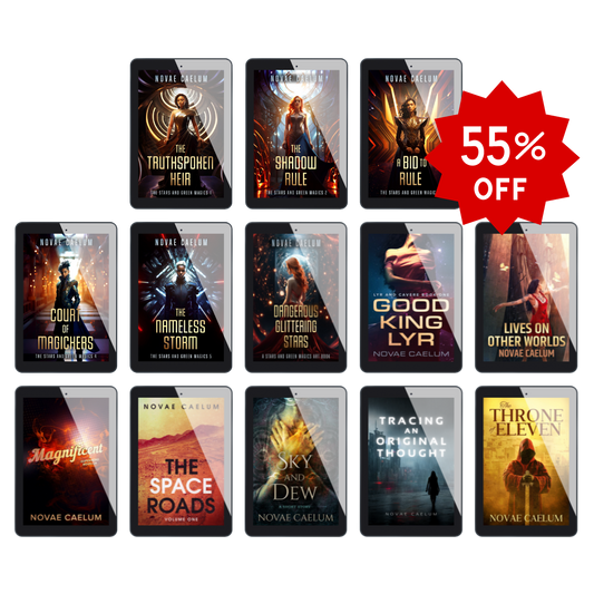 A bundle set of 13 ebooks by Novae Caelum advertised as "Every Ebook in the Store!" Red starburst banner advertises discounted price of 55% off retail price.