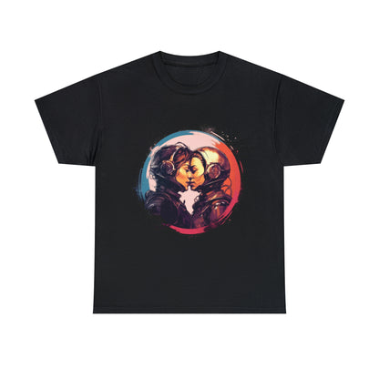 A black cotton t-shirt with Sapphic Astronauts in space suits by Printify.
