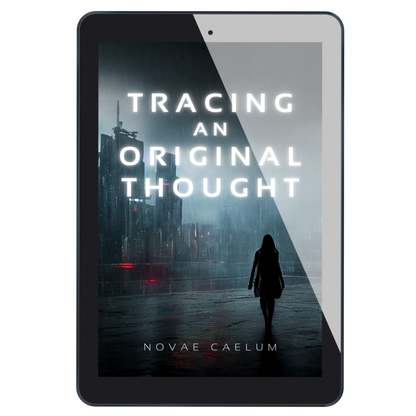 Tablet displaying the e-book version of Novae Caelum'A tablet displaying the cover of the book "Tracing an Original Thought" by Novae Caelum, featuring a darkened cityscape with a silhouetted individual in the foreground.s "Tracing an Original Thought".