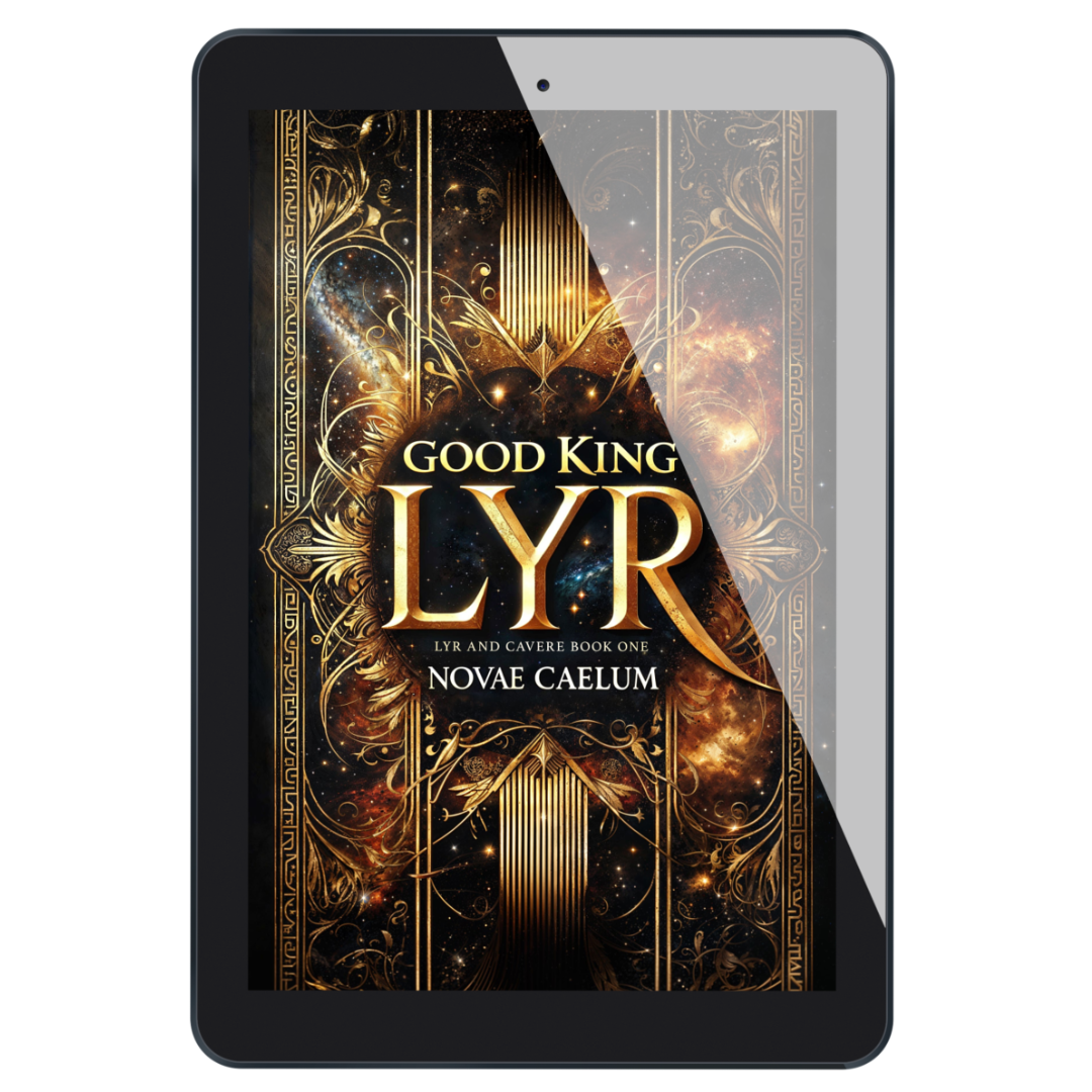 Tablet showing Good King Lyr: Lyr and Cavere Book One by Novae Caelum, featuring an intricate fold and gilded design over a background of nebulae and space.