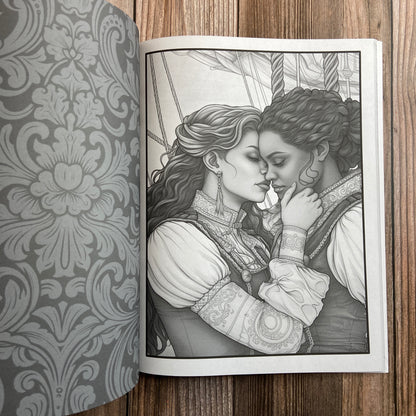A coloring book with an image of sapphic romance, depicting two pirate maidens kissing - The Sapphic Pirate Coloring Book by N.C. Starshadow.