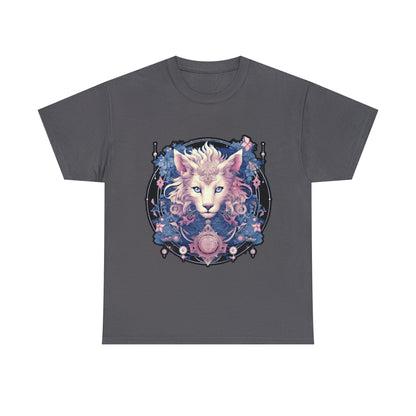 A charcoal-colored t-shirt displays a psychedelic cat in the Transgender Pride flag colors.