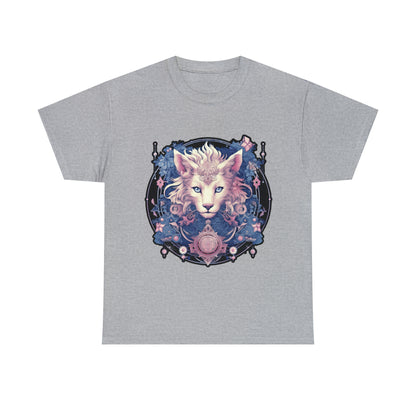 A gray t-shirt displays a psychedelic cat in the Transgender Pride flag colors.