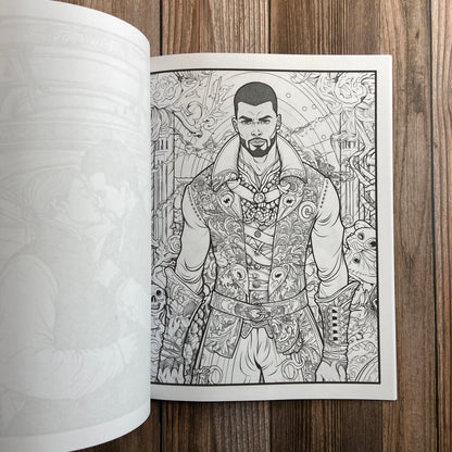 A coloring book (titled "The Gay Pirate Coloring Book: Coloring Stress Relief for Adults" by N.C. Starshadow) opened to display a black-line image of a muscular pirate.