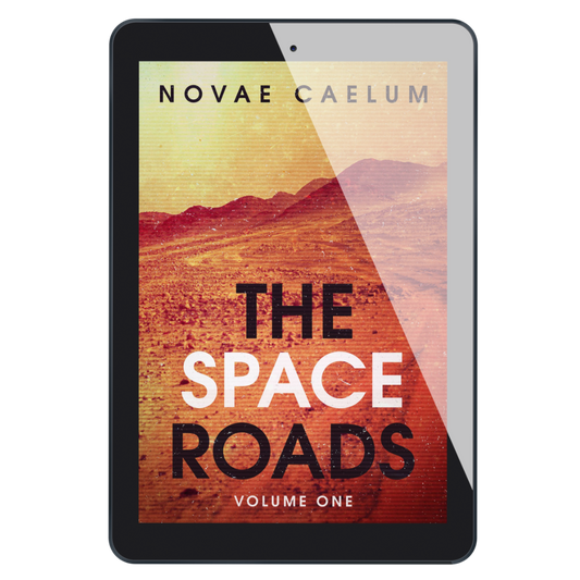 Tablet displaying e-book titled "The Space Roads - Volume 1" by Novae Caelum.