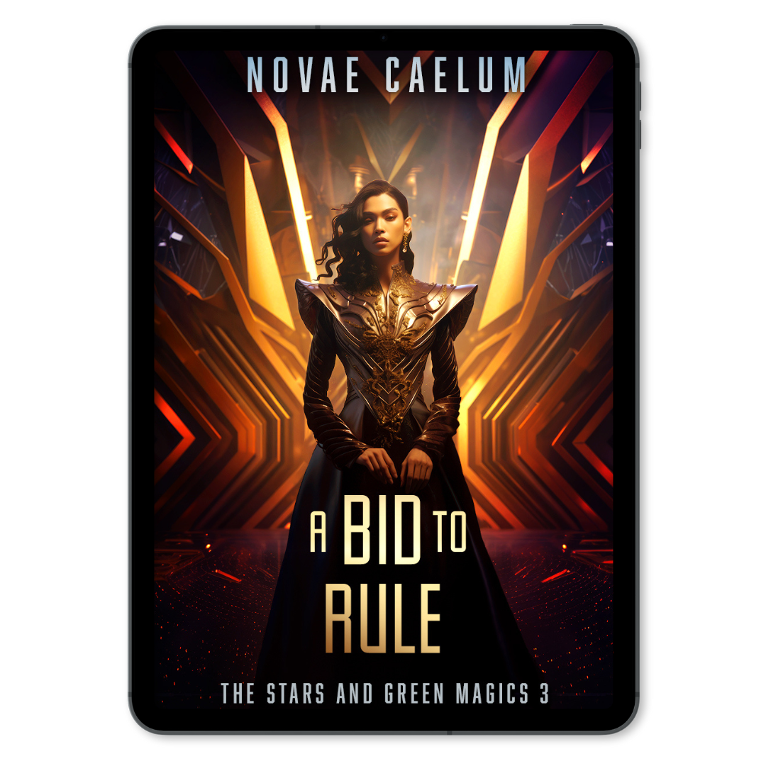 A woman in ornate armor stands poised in a futuristic corridor, featured on the Novae Caelum ebook bundle cover titled "Stars and Green Magics: A Bid to Rule.