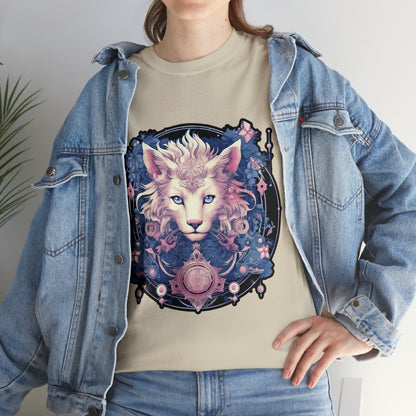 Mockup of a woman wearing a medium fabric denim jacket and sand-colored t-shirt; the t-shirt displays a psychedelic cat in the Transgender Pride flag colors.