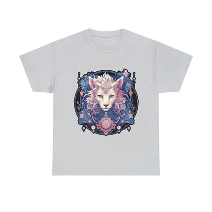 An ice-gray-colored t-shirt displays a psychedelic cat in the Transgender Pride flag colors.