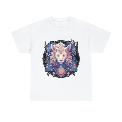 A white t-shirt displays a psychedelic cat in the Transgender Pride flag colors.