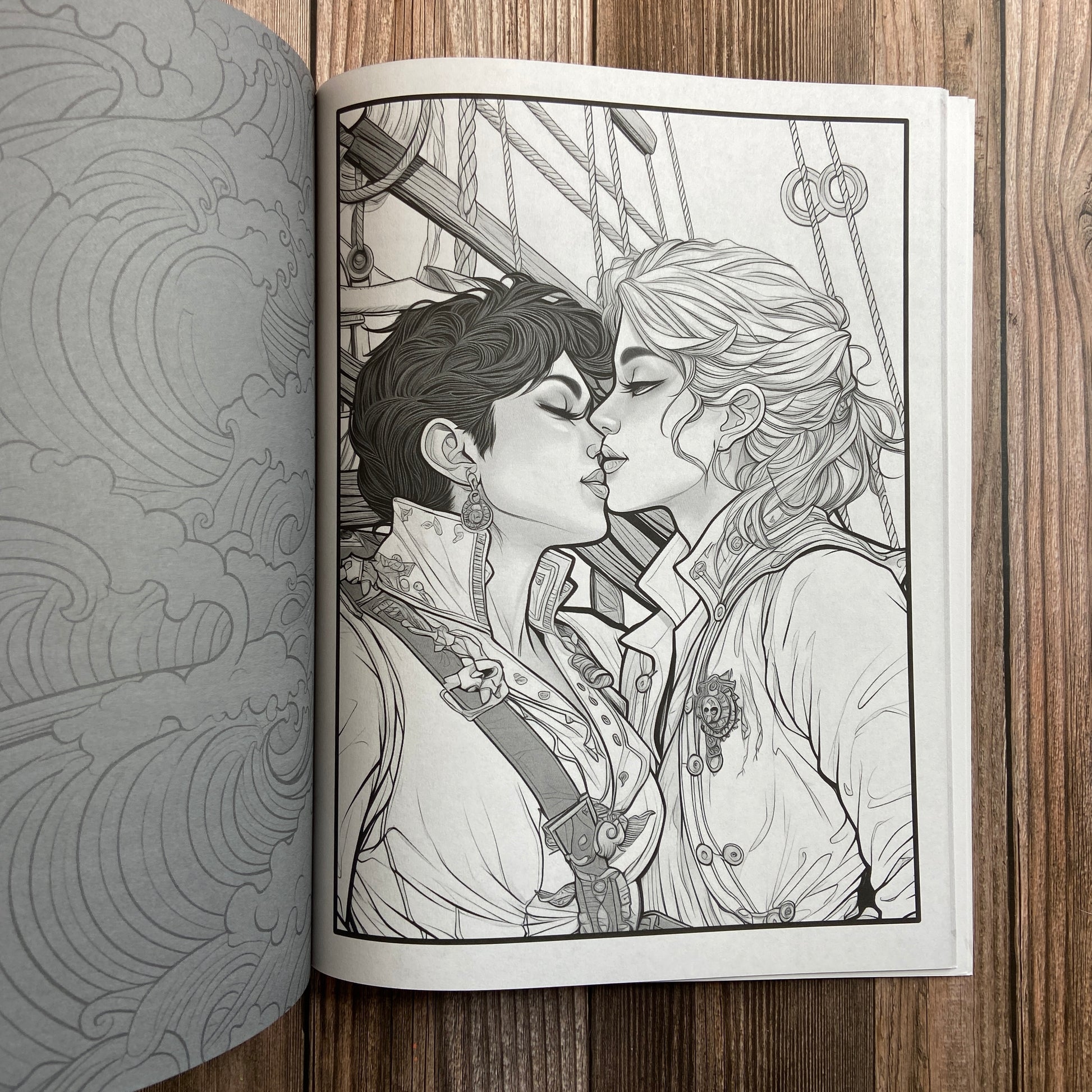 A N.C. Starshadow sapphic romance coloring book with a drawing of two people kissing.