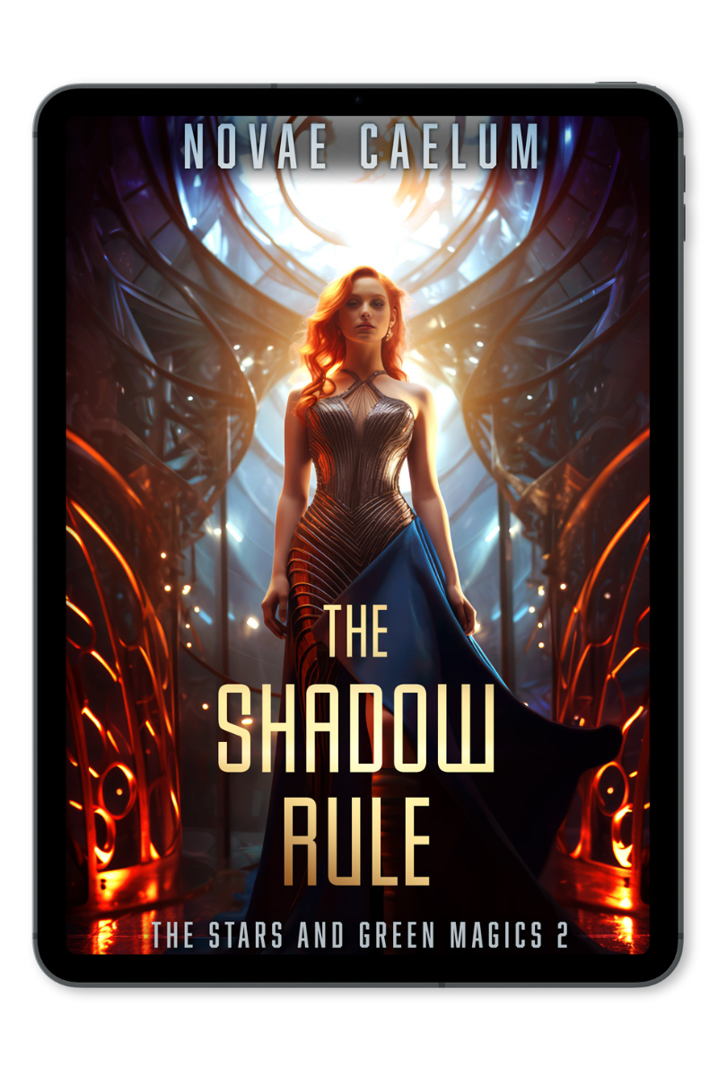 The Shadow Rule: The Stars and Green Magics 2 by Novae Caelum. A pale skinned woman with bright red hair wears a shimmering ball gown in front of a blazing sanctuary window