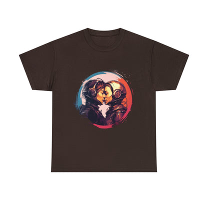 A brown, cotton t-shirt with a picture of two people. (Sapphic Astronauts - Unisex Heavy Cotton Tee by Printify)