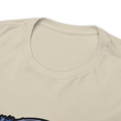 Close-up of the tagless collar of a sand-colored t-shirt; the shirt image (not pictured) displays a psychedelic cat in the Transgender Pride flag colors.