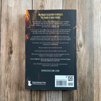 The back of a Novae Caelum SIGNED Court of Magickers: The Stars and Green Magics Book 4 (Paperback) with an image of a magic fire.
