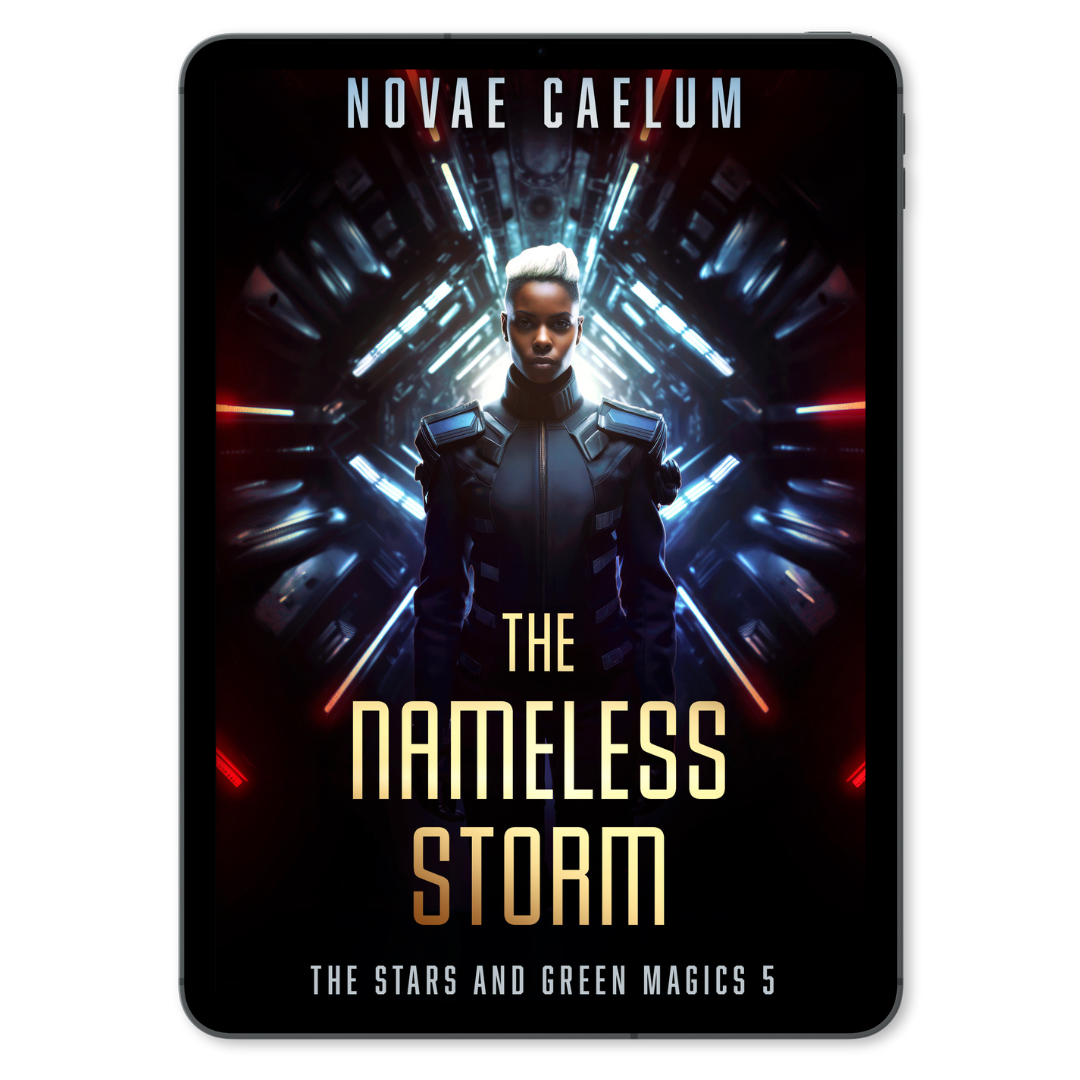 A promotional poster for the fantasy series "The Nameless Storm" featuring a woman in a futuristic outfit standing in front of a radial sci-fi corridor promoting "The Stars and Green Magics Ebook Bundle" by Novae Caelum.