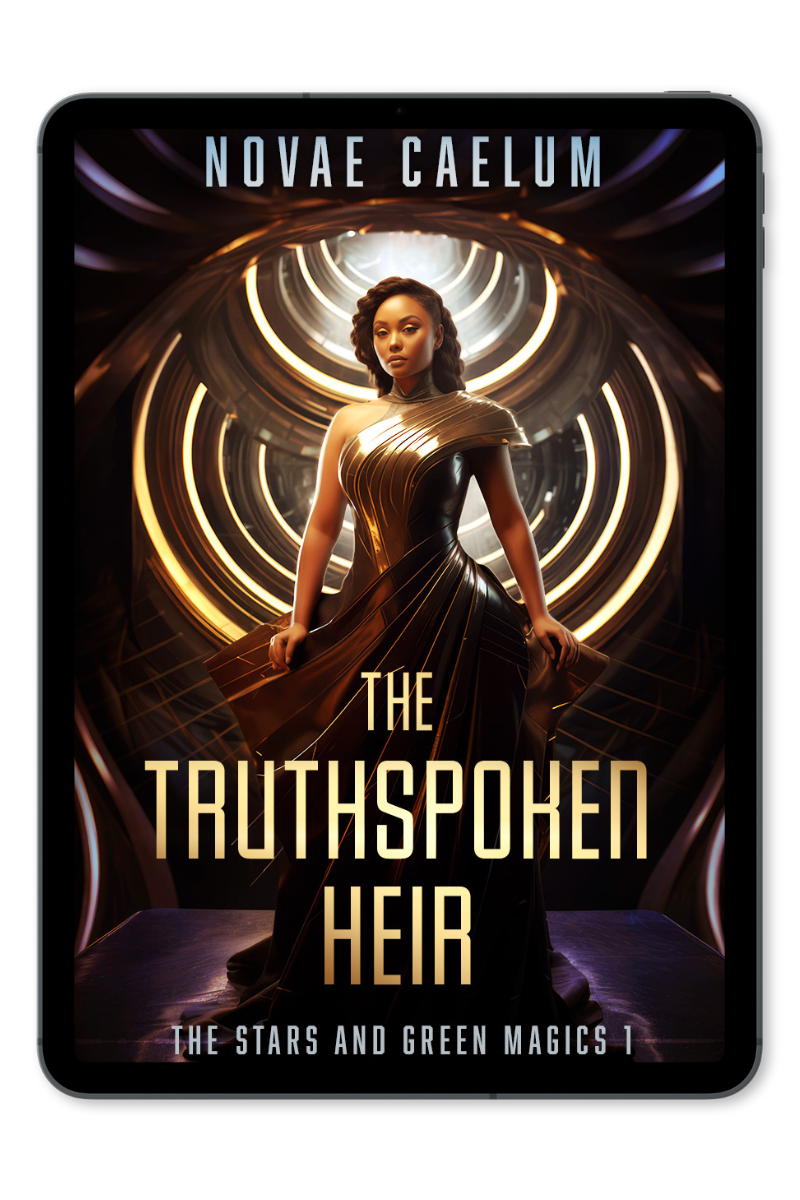 The Truthspoken Heir: The Stars and green Magics 1 by Novae Caelum. A young curvy woman with brown skin and long curly hair wears a futuristic gown in front of a geometric circular wall