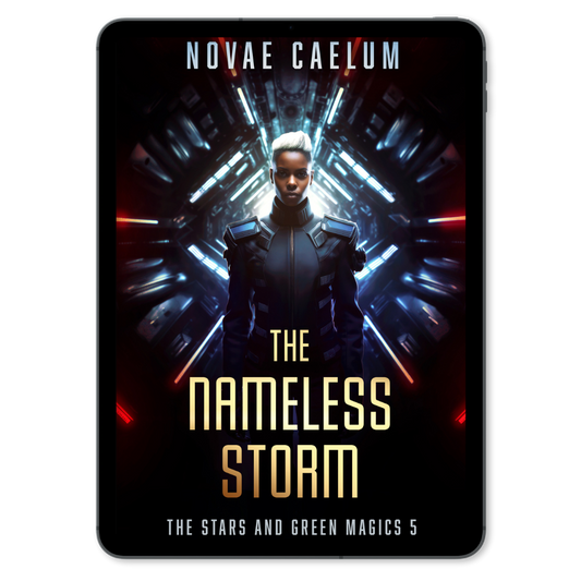 Replace sentence: Novae Caelum's ebook "The Nameless Storm" from "The Stars and Green Magics 5" series, depicting a person in a futuristic uniform with a lit, angular sci-fi hallway in the background