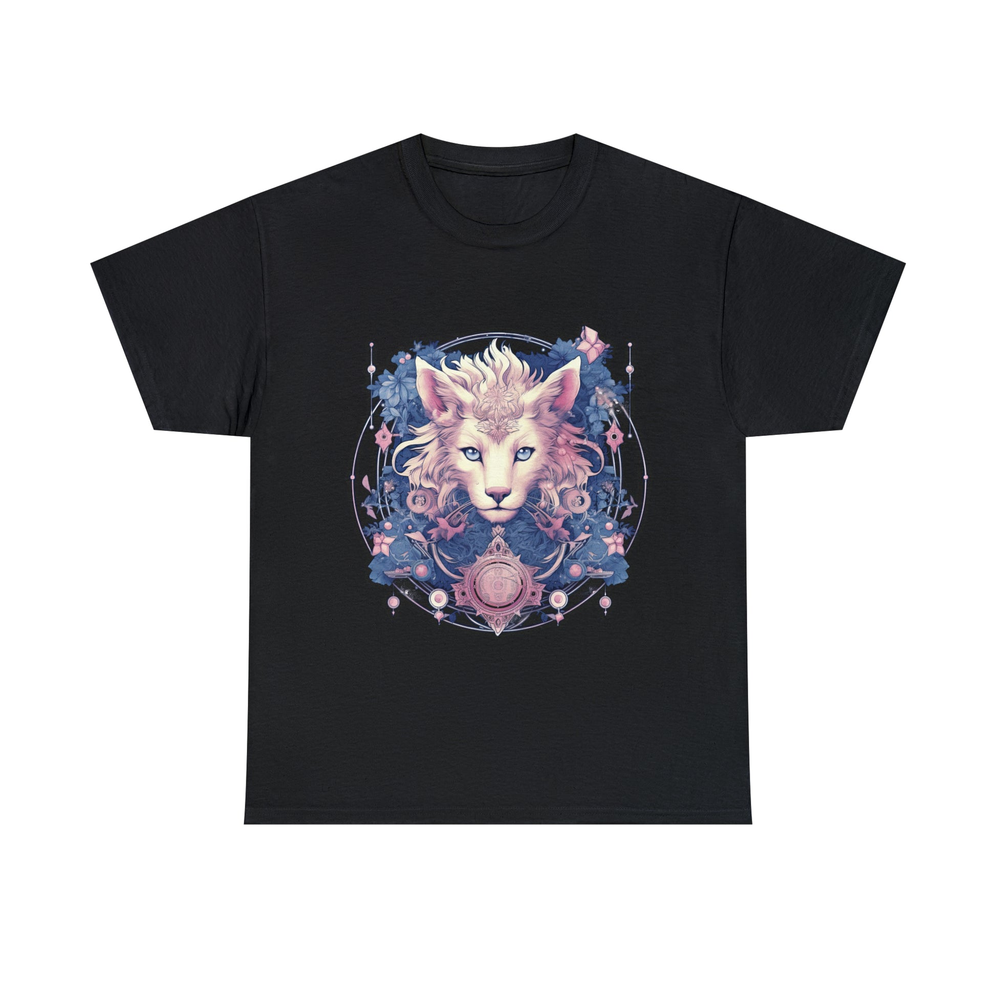 A black t-shirt displays a psychedelic cat in the Transgender Pride flag colors.