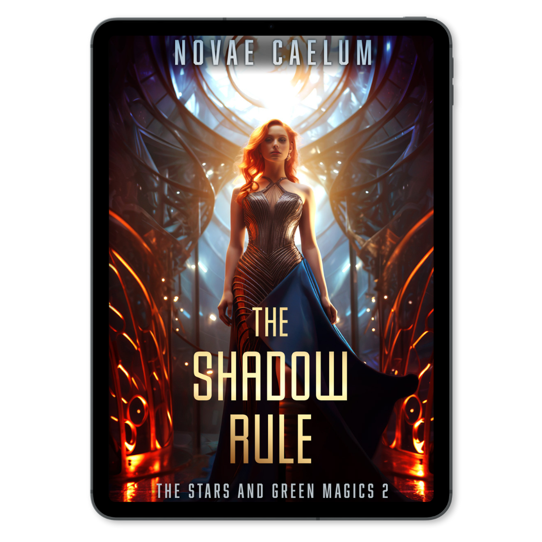 A woman with red hair stands confidently in a futuristic corridor on the cover of "The Stars and Green Magics Ebook Bundle (Books 1-5)" by Novae Caelum.