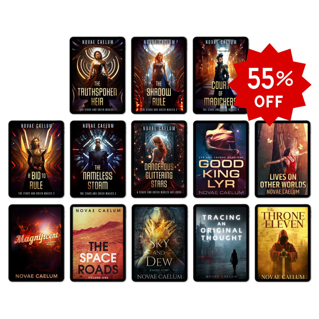 A promotional display of 12 LGBTQ ebooks from the Novae Caelum "All Here All Queer Ebook Bundle (Every Ebook in the Store!)" series, each featuring a "55% off" sticker in the top right corner. Every cover showcases bold, dramatic illustrations.