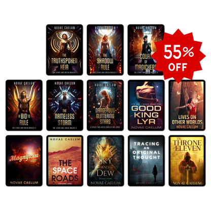 A promotional display of 12 LGBTQ ebooks from the Novae Caelum "All Here All Queer Ebook Bundle (Every Ebook in the Store!)" series, each featuring a "55% off" sticker in the top right corner. Every cover showcases bold, dramatic illustrations.