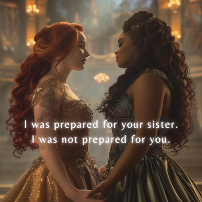 Two women in ball gowns stand holding hands. One is white with curly red hair, the other is Black with curly brown hair. Text reads: I was prepared for your sister. I was not prepared for you.