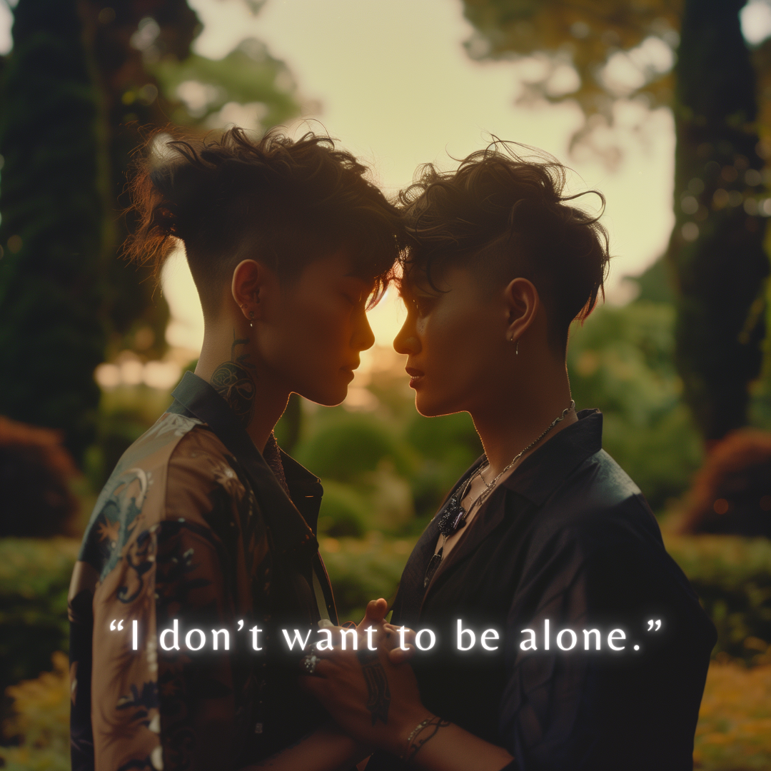 Two trans people standing in a garden at sunset. One is a Black nonbinary person with an undercut, the other is a Japanese-descent trans man with short hair. They are gazing into each others eyes in a caring way. Text reads in quotes, "I don't want to be alone."