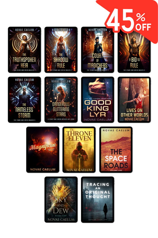 A bundle of sci-fi and fantasy ebooks from the Stars and Green Magics Series with a 45% discount. - All Here All Queer Ebook Bundle by Novae Caelum