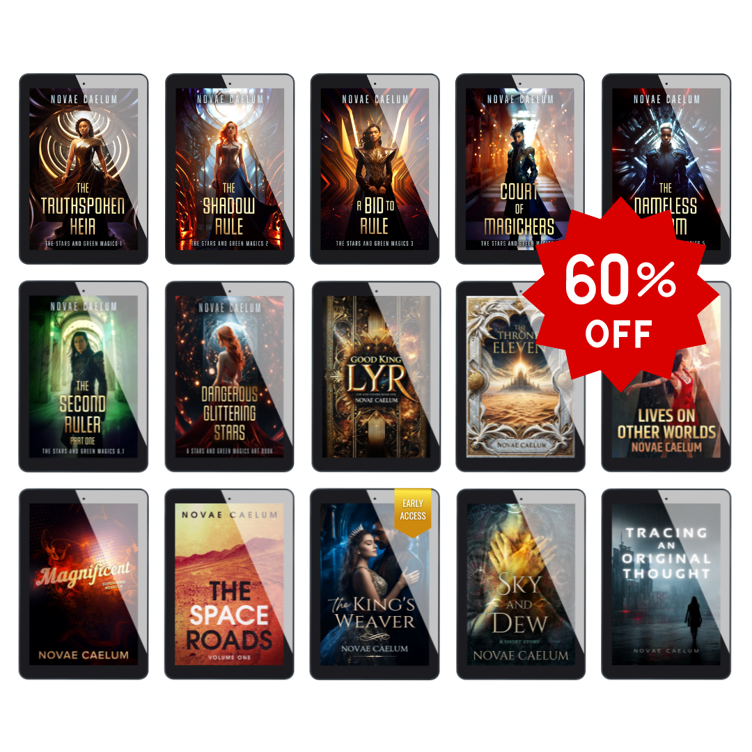 A bundle set of 15 e-books by Novae Caelum advertised as "Every Ebook in the Store!" Red starburst banner advertises discounted price of 60% off retail price.