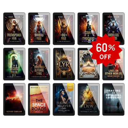 A bundle set of 15 e-books by Novae Caelum advertised as "Every Ebook in the Store!" Red starburst banner advertises discounted price of 60% off retail price.