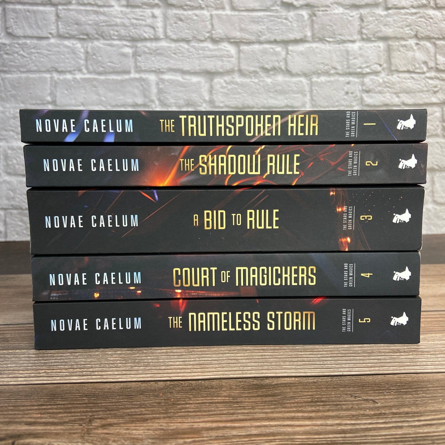 A stack of five "Novae Caelum" fantasy novels, with titles visible on their spines, exploring themes of sapphic arranged marriage and space magic.