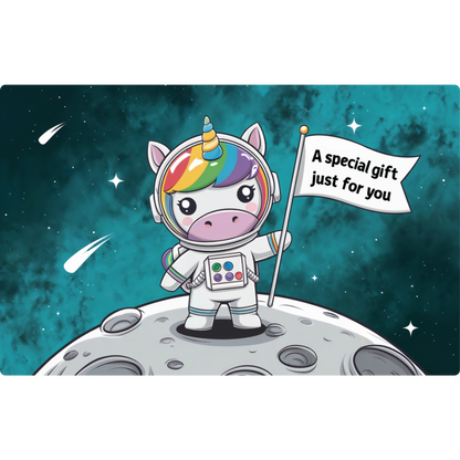 Chibi of unicorn astronaut with rainbow mane, standing on moon surface, holding a flag that says "A special gift just for you"