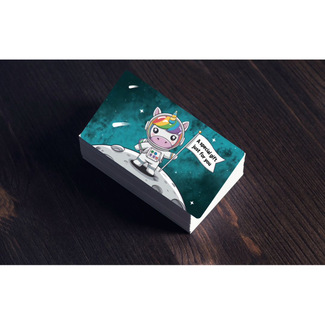 Stack of cards; top card is a design of a chibi unicorn astronaut with rainbow mane, standing on moon surface, holding a flag that says "A special gift just for you"