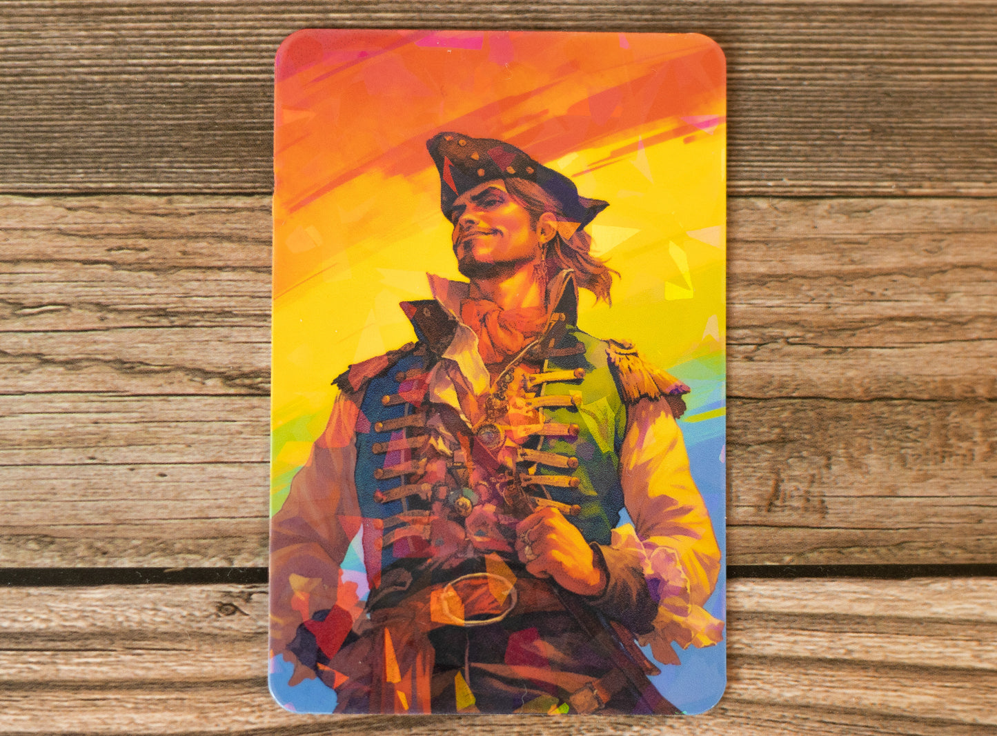 Rainbow-colored LGBT Pride Rainbow Gay Pirate tarot card featuring Novae Caelum holographic vinyl sticker.