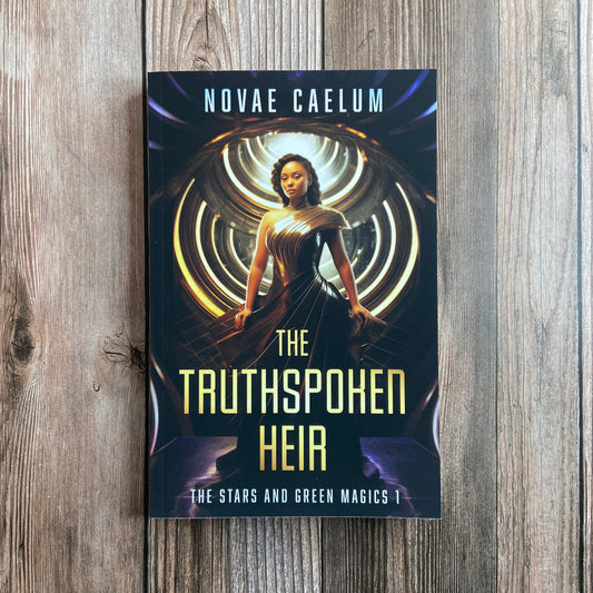 The Novae Caelum book cover for "SIGNED The Truthspoken Heir: The Stars and Green Magics Book 1 (Paperback)" depicts a captivating tale of forbidden love intertwined with shapeshifting powers.