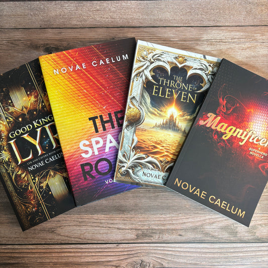 Four print standalone books by Novae Caelum; books show covers of: "Good King Lyr", "The Space Roads", "The Throne of Eleven", and "Magnificent".