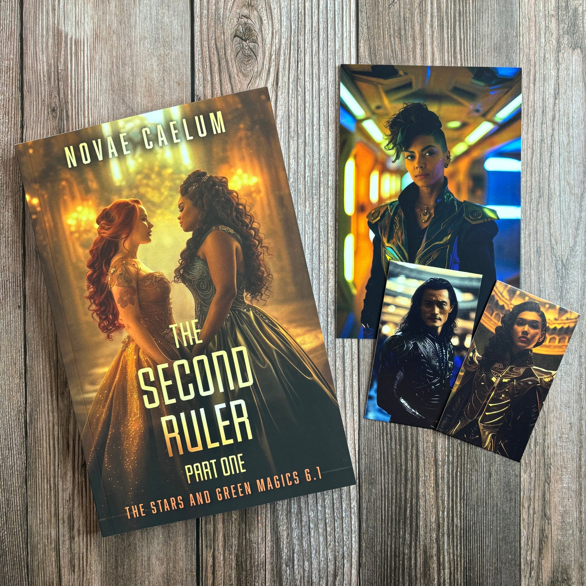 Paperback cover of "The Second Ruler: Part One" by Novae Caelum; features two of the main characters facing each other. Also displays three pieces of character art of other characters for swag.