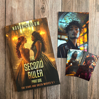 Paperback cover of "The Second Ruler: Part One" by Novae Caelum; features two of the main characters facing each other. Also displays three pieces of character art of other characters for swag.