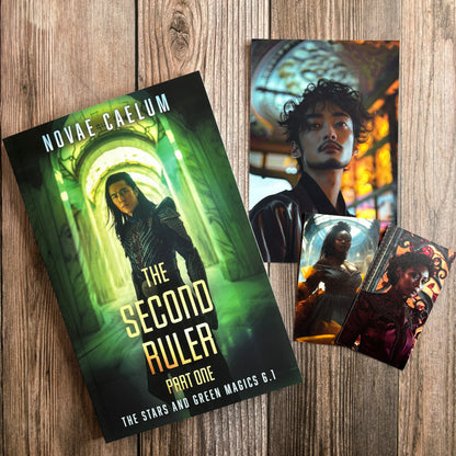 Paperback cover of the book "The Second Ruler: Part One: The Stars and Green Magics - Book 6.1" by Novae Caelum, featuring an image of a man of East Asian descent wearing intricate scifi clothing in a glowing green marble corridor; three pieces of character art are off to the side for swag.