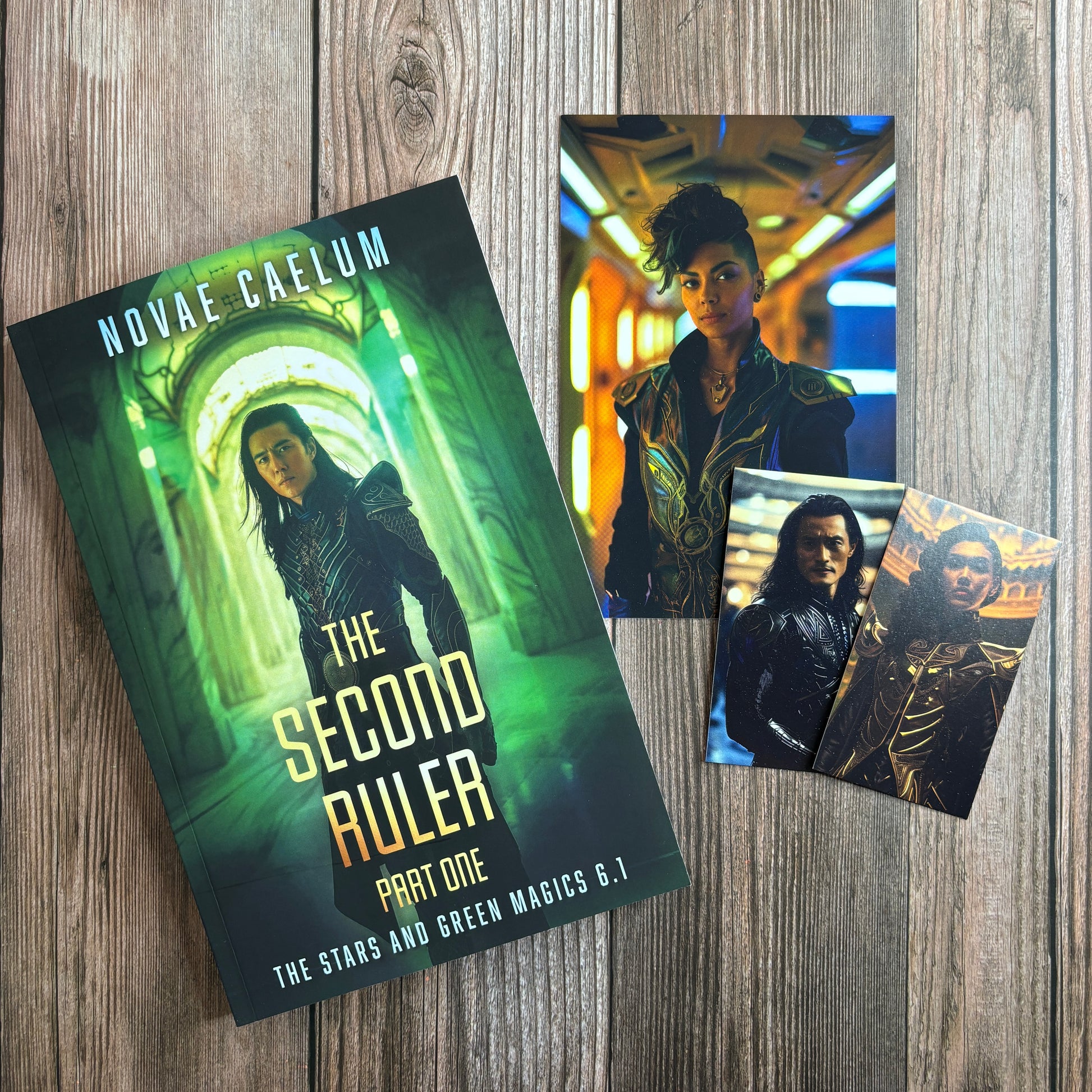 Paperback cover of the book "The Second Ruler: Part One: The Stars and Green Magics - Book 6.1" by Novae Caelum, featuring an image of a man of East Asian descent wearing intricate scifi clothing in a glowing green marble corridor; three pieces of character art are off to the side for swag.