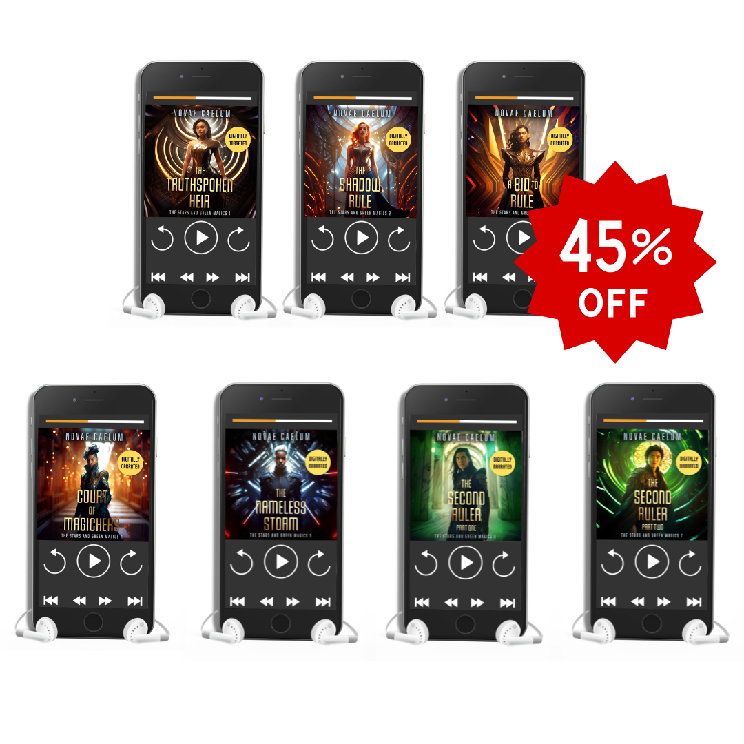 Seven smartphones displaying digitally narrated audiobooks from the series "The Stars and Green Magics - Books 1-7" by Novae Caelum with white earphones plugged in; there is a red "45% off" starburst icon on the upper right. This bundle is advertised as "The Stars and Green Magics AI Audiobook Bundle (Books 1-7)."