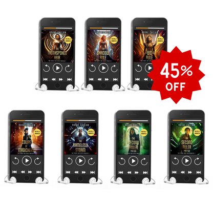 Seven smartphones displaying digitally narrated audiobooks from the series "The Stars and Green Magics - Books 1-7" by Novae Caelum with white earphones plugged in; there is a red "45% off" starburst icon on the upper right. This bundle is advertised as "The Stars and Green Magics AI Audiobook Bundle (Books 1-7)."