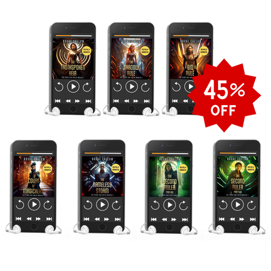 Seven smartphones displaying digitally narrated audiobooks from the series "The Stars and Green Magics - Books 1-7" by Novae Caelum with white earphones plugged in; there is a red "45% off" starburst icon on the upper right. This bundle is advertised as "The Stars and Green Magics AI Audiobook Bundle (Books 1-7)."