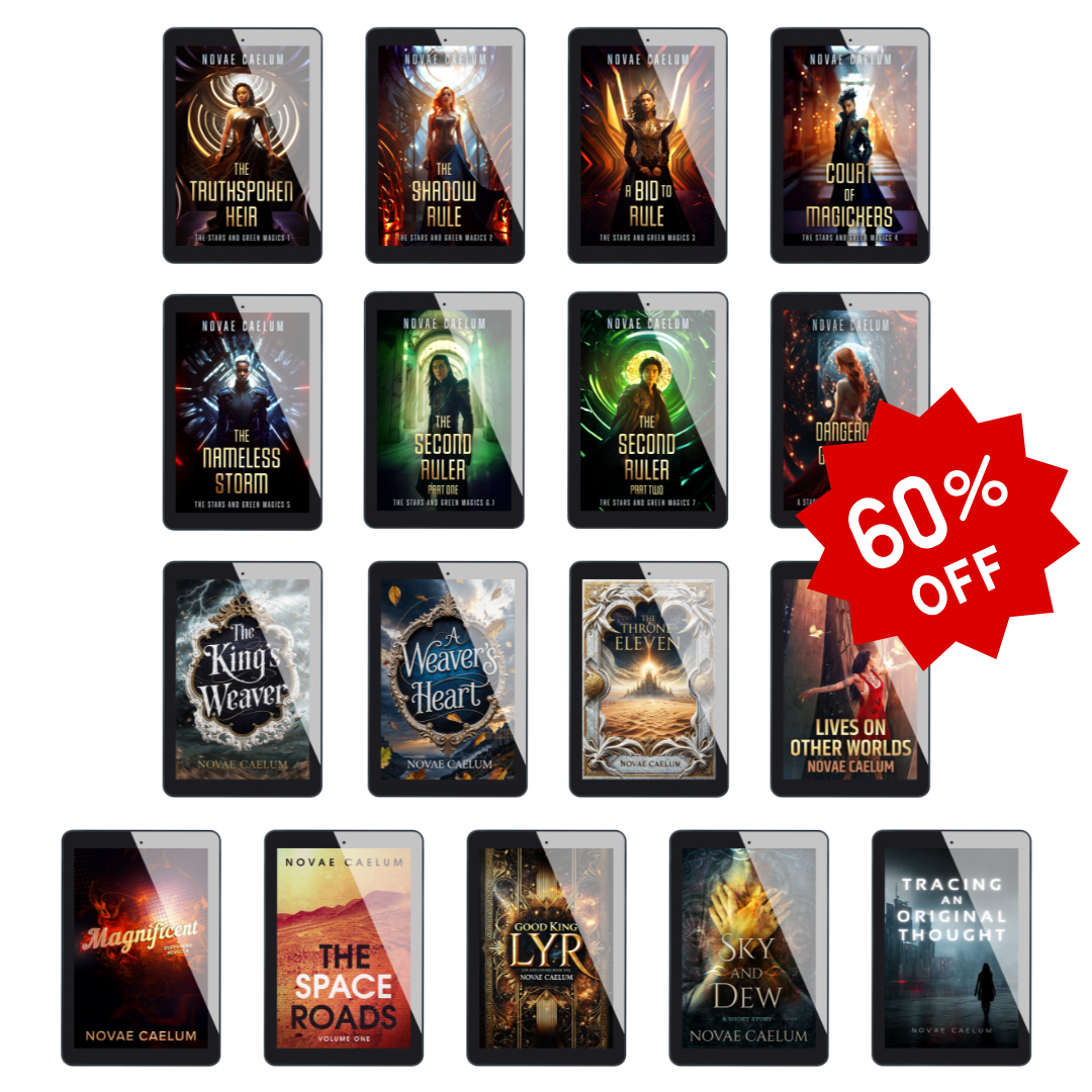 Display of 17 ebook titles by Novae Caelum along with a 60% off red starburst tag.