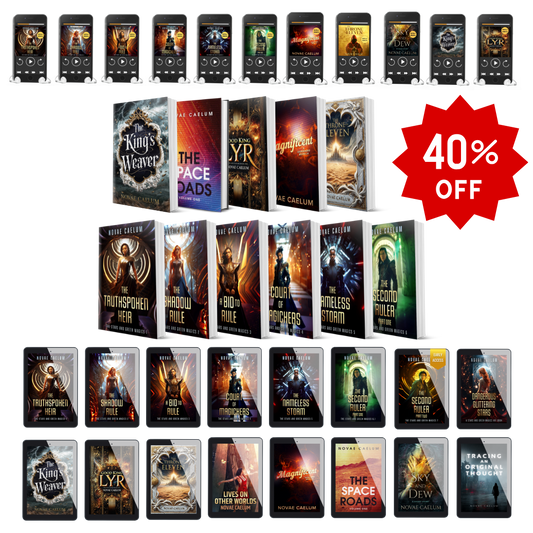 Depiction of all audiobooks, print books, and ebooks by Novae Caelum that are available in this bundle.