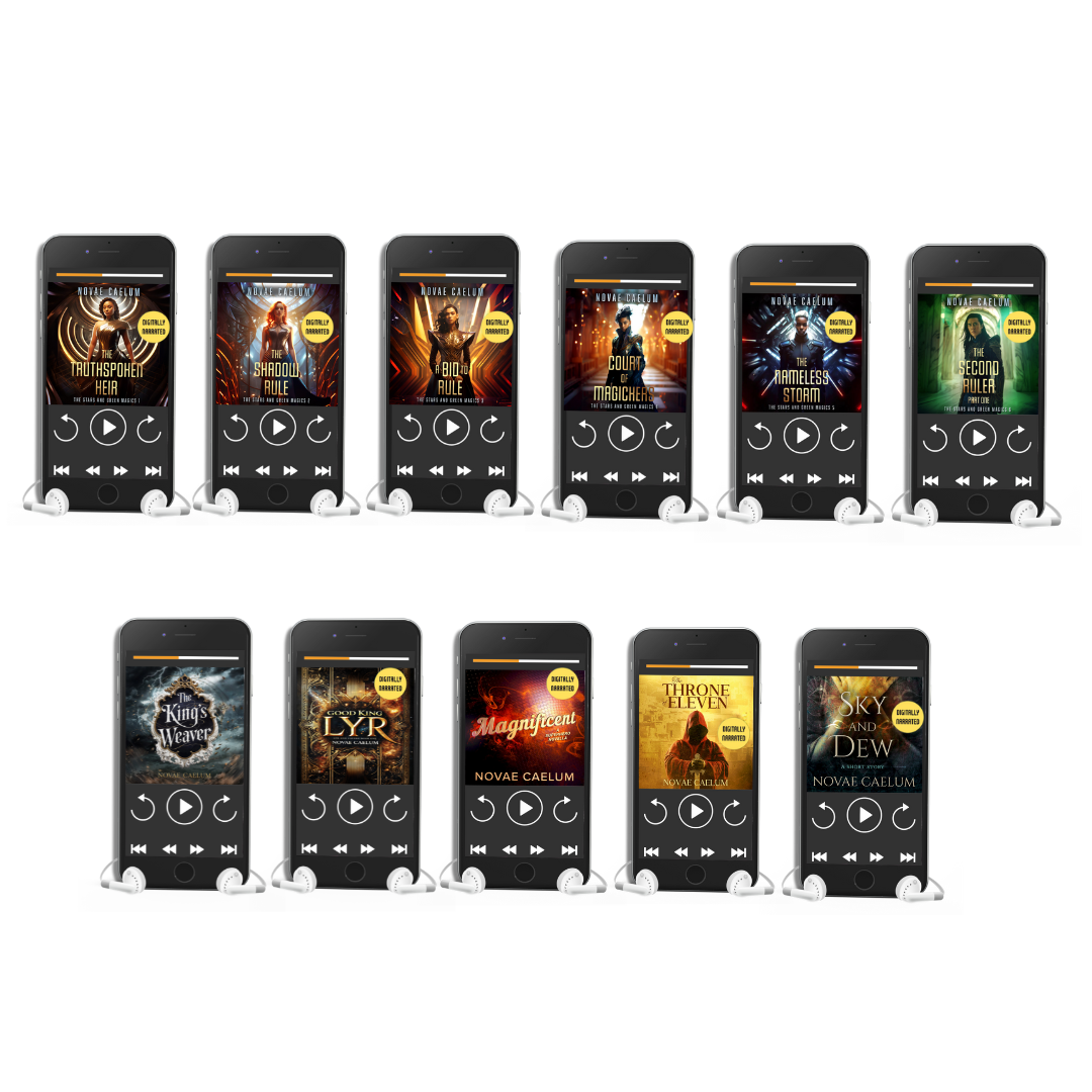 Depiction of all audiobooks produced by Novae Caelum that are available in this bundle.