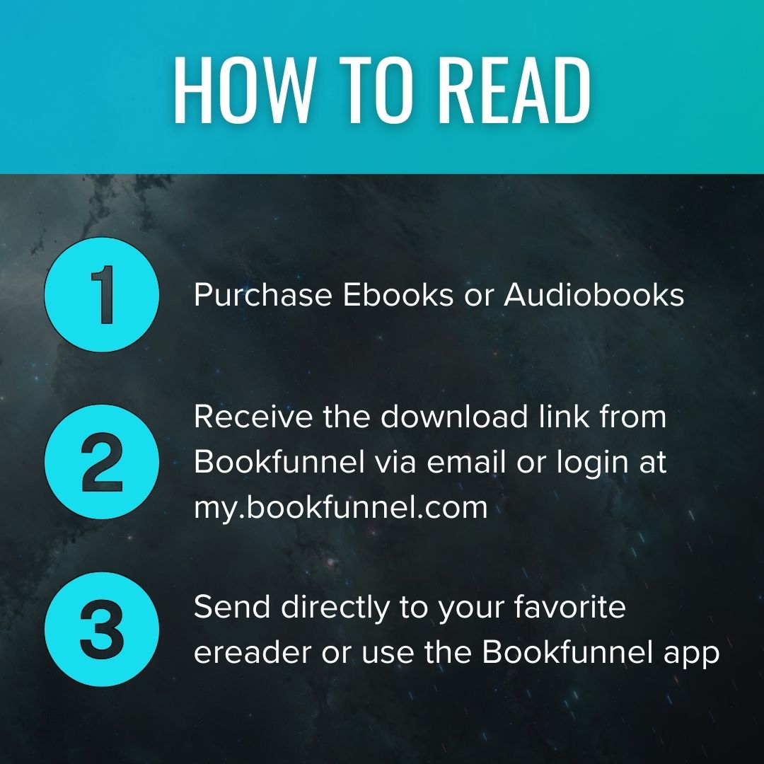 Instructional image on how to read using ebooks or audiobooks, detailing three steps involving purchase, download link, and reader or app usage inspired by "Dangerous Glittering Stars: A Stars and Green Magics Art Book" space opera by Novae Caelum.